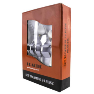 set de tacâmuri din inox linguri cuțite furculițe și lingurițe ambalate în cutie colorată din carton