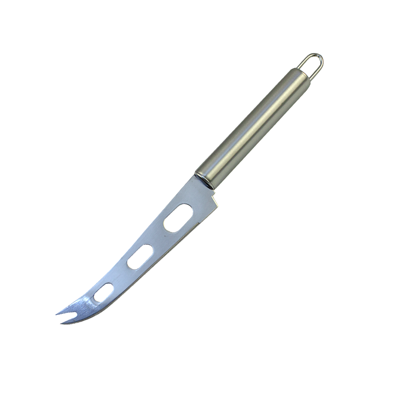 Cuțit pentru brânzeturi din inox, cu lamă zimțată specială, cu perforații anti-lipire și vârf bifurcat pentru servire