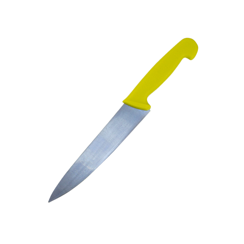 Cuțit cu lama din inox și mâner galben pentru tranșat carne crudă de pasăre conform sistemului de siguranța alimentară HACCP