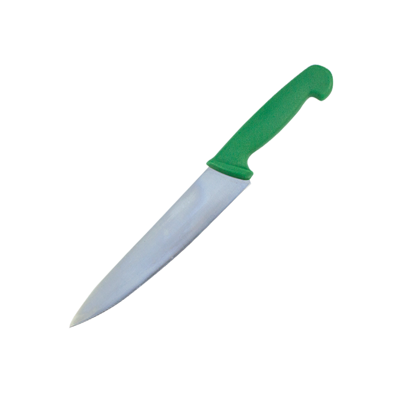 Cuțit cu lama din inox și mâner verde pentru tranșat fructe și legume proaspete conform sistemului de siguranța alimentară HACCP