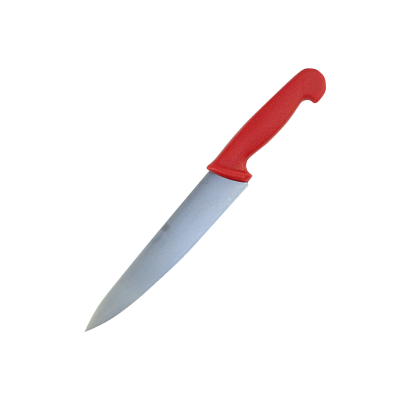 Cuțit cu lama din inox și mâner roșu pentru tranșat carne crudă conform sistemului de siguranța alimentară HACCP