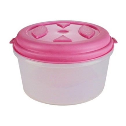 caserolă rotundă mică din plastic cu capac roz pentru depozitat alimente
