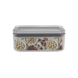 cutie din plastic transparent dreptunghiulară cu capac și etichetă de produs în interior