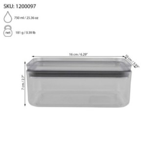 caserolă dreptunghiulară din plastic transparent cu capac și dimensiuni trase prin săgeți