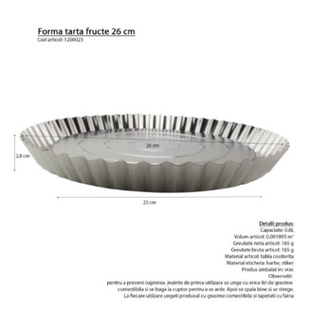 Formă de copt rotundă, din tablă cositorită cu margini ondulate, perfectă pentru plăcinte, tarte și quiche, gătit uniform, 26 cm