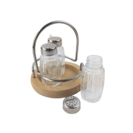 Set sărăriță, piperniță și sticluță pentru ulei sau oțet pe suport rotund din lemn, cu mâner elegant
