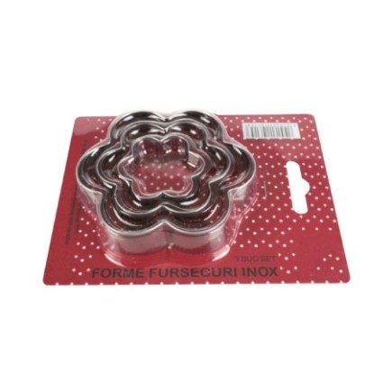 Set de matrițe inox pentru tăiat și modelat aluatul în formă de floare, ideale pentru biscuiți, fursecuri sau prăjituri, 3 buc