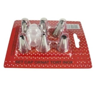 set 6 duiuri inox pentru ornat cu dispozitiv de prindere din plastic în ambalaj de carton colorat și blister transparent