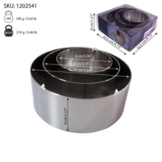 inele culinare din inox pentru montaj set 3 piese una în alta cu poză a ambalajului și informații despre dimensiuni
