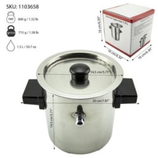oală fiert lapte din inox cu supapă de abur și două mânere și informații despre dimensiuni și capacitate