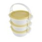 set 3 forme culinare pătrate din inox stivuite una peste alta și un capac de presare pentru plating și montaj