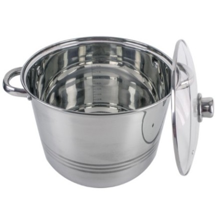 Oală înaltă din inox, gradată pe interior, cu două mânere și capac de sticlă, ideală pentru gătit supe, ciorbe și tocănițe, 11 L