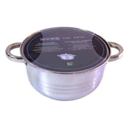 oală joasă din inox cu capac inclus și două mânere în ambalaj din folie stretch cu etichetă