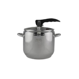 oală sub presiune din inox cu două mânere laterale și mâner negru din ebonită deasupra pe capac