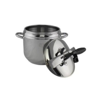 oală sub presiune din inox cu capac cu sistem de închidere etanșă sprijinit de ea