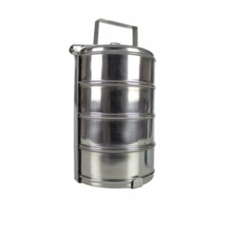 sufertas din inox cu 4 caserole stivuite una peste alta cu un capac și suport cu mâner pentru transport mâncare