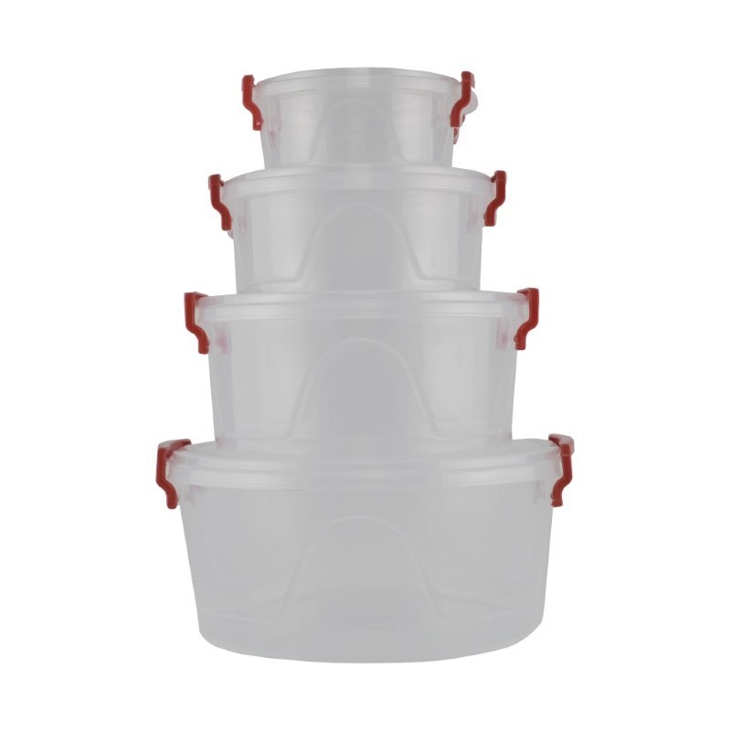 Set de caserole rotunde din plastic cu capace cu clipsuri de sigilare ușor de stocat una în alta, compatibil microunde, 4 buc
