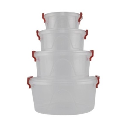 set de 4 caserole rotunde de mărimi diferite din plastic transparent cu capace cu închidere cu clame