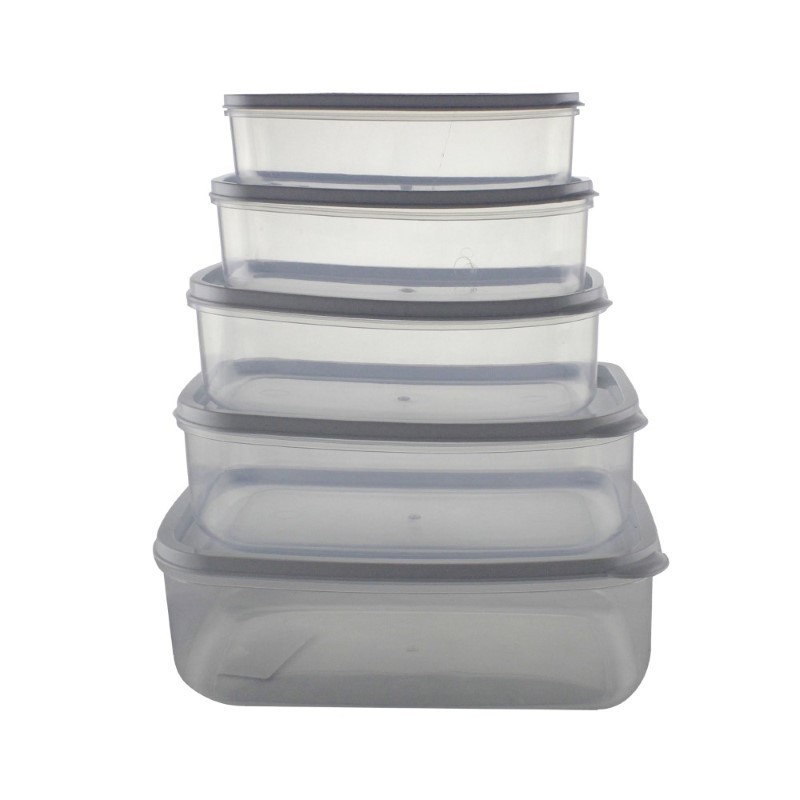 Set de caserole dreptunghiulare din plastic cu închidere etanșă ușor de stocat una în alta, compatibil microunde, frigider 5 buc