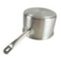 cratiță din inox cu un mâner întoarsă cu susul în jos detaliu pe mânerul rotunjit