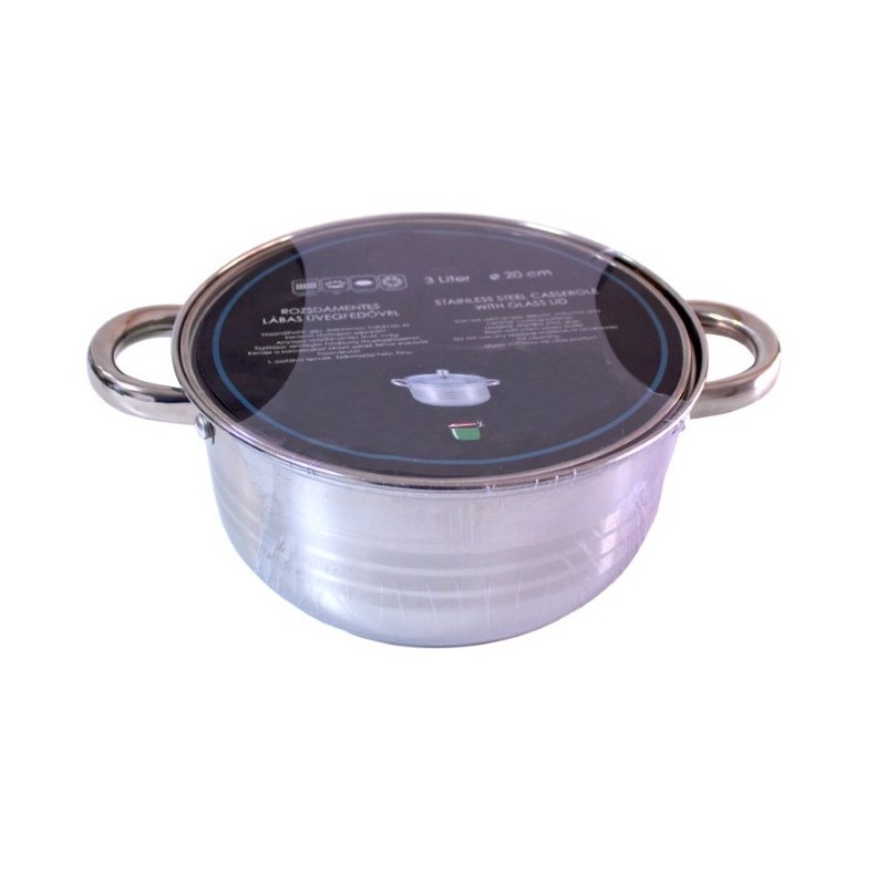 Oală joasă din inox, gradată pe interior, cu două mânere și capac de sticlă, ideală pentru gătit supe, ciorbe și tocănițe, 3 L