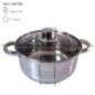 oală joasă din inox cu capac și două mânere cu specificații despre greutate capacitate și dimensiuni