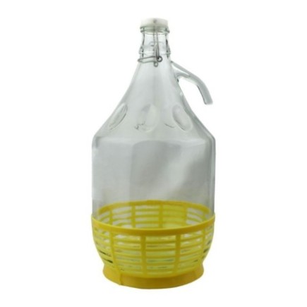 damigeană din sticlă cu mâner și dop cu închidere metalică în coș împletit din plastic