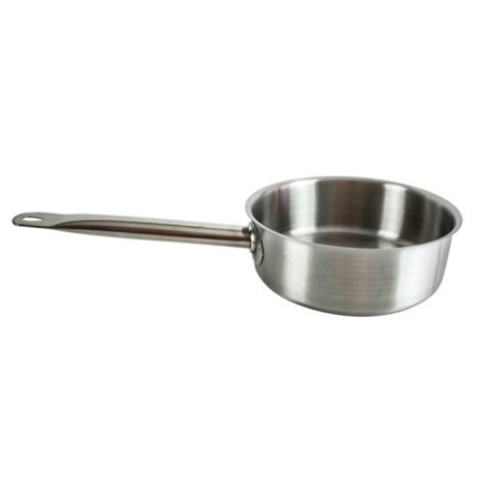 cratiță din inox joasă cu un mâner lung și rotunjit pentru fiert sosuri