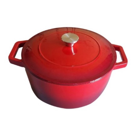 cratiță din fontă turnată roșie cu două mânere și capac închis