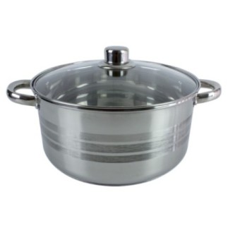 oală din inox medie cu două mânere și capac din sticlă transparent cu buton