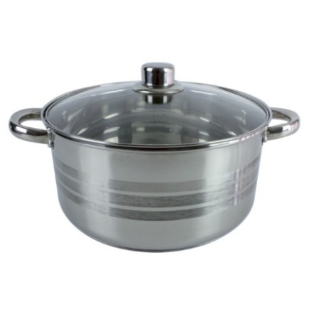 oală din inox medie cu două mânere și capac din sticlă transparent cu buton