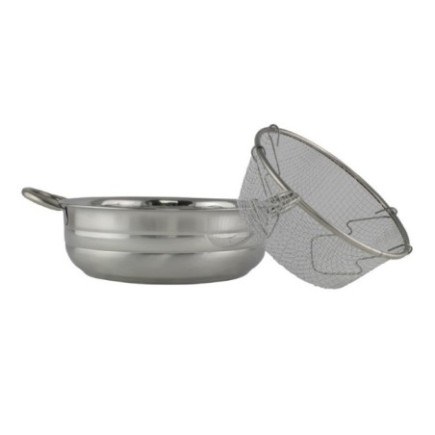 cratiță din inox cu două mânere și coș din sârmă împletit și detașabil pentru prăjit în baie de ulei