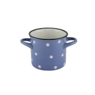 Cană ceramică cu două mânere, design retro, albastru cu buline albe, ideală pentru supe, ciorbe, musli, iaurt, ceai, 400 ml
