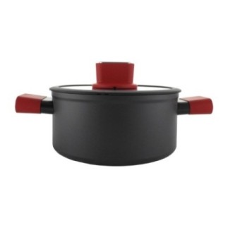 cratiță neagră rotundă mică din teflon antiaderent cu capac și mânere învelite în silicon roșu