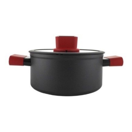 cratiță neagră rotundă mică din teflon antiaderent cu capac și mânere învelite în silicon roșu
