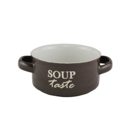 Bol ceramic cu două toarte, pentru servirea supei, ciorbei sau a tocănițelor, utilizare zilnică, stivuibil, maro, 450 ml