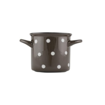 cană ceramică maro cu buline albe și două toarte laterale pentru musli