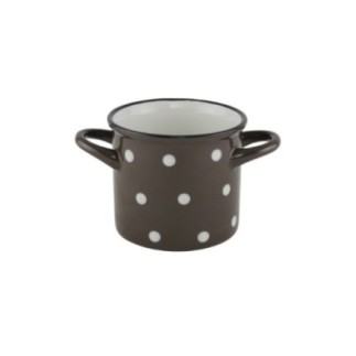 Cană ceramică cu două mânere, design retro, maro cu buline albe, ideală pentru servit supe, ciorbe, musli, iaurt, ceai, 400 ml