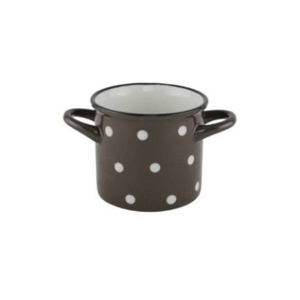 Cană ceramică cu două mânere, design retro, maro cu buline albe, ideală pentru servit supe, ciorbe, musli, iaurt, ceai, 400 ml