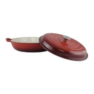 Cratiță din fontă joasă, rotundă, cu capac, emailată, potrivită pentru gătire lentă și o distribuție uniformă a căldurii, 30 cm