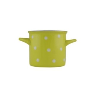 cană din ceramică galbenă cu buline albe și două mânere pentru servit supă sau musli