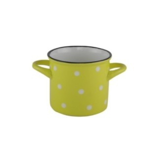 Cană ceramică cu două mânere, design retro, galben cu buline albe, ideală pentru servit supe, ciorbe, musli, iaurt, ceai, 400 ml