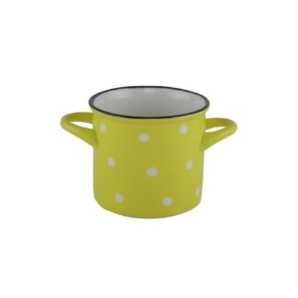 Cană ceramică cu două mânere, design retro, galben cu buline albe, ideală pentru servit supe, ciorbe, musli, iaurt, ceai, 400 ml
