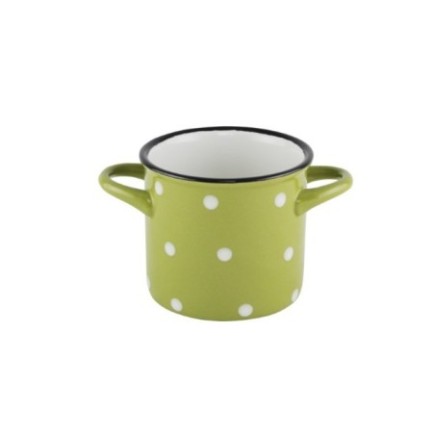 Cană ceramică cu două mânere, design retro, verde cu buline albe, ideală pentru servit supe, ciorbe, musli, iaurt, ceai, 400 ml