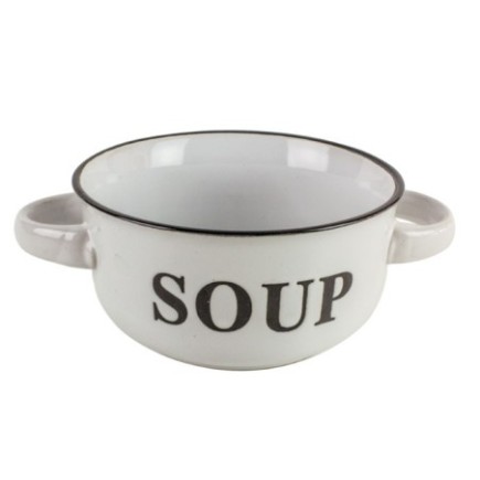 bol pentru servit supă ceramic alb cu două mânere laterale și textul soup inscripționat