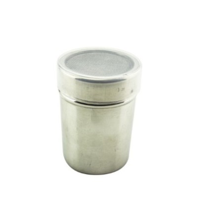 cutie metalică cu capac înșurubabil cu sită pentru cernut și protecție din plastic transparent
