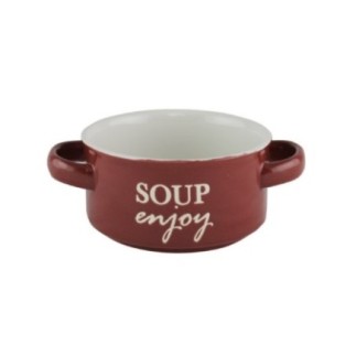 Bol ceramic cu două toarte, pentru servirea supei, ciorbei sau a tocănițelor, utilizare zilnică, stivuibil, roșu, 450 ml