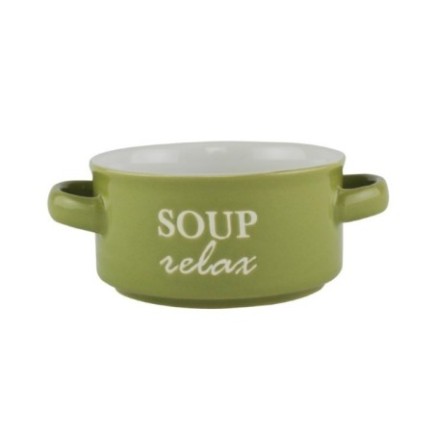 bol rotund pentru servit supă din ceramică verde cu două mânere și text inscripționat