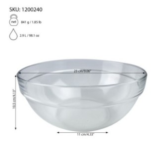 bol rotund din sticlă cu informații despre capacitate și dimensiuni