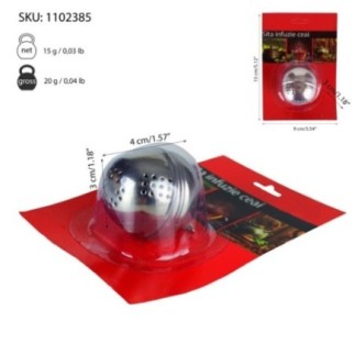 infuzor ceai din inox sferic cu perforații fine și informații despre ambalaj și dimensiuni